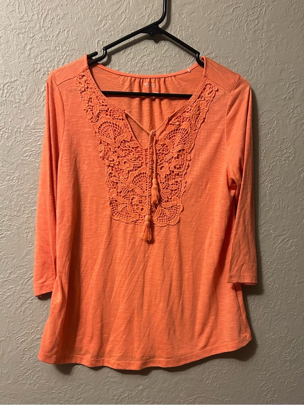Sonoma Orange Crochet V-Neck Long Sleeve Top